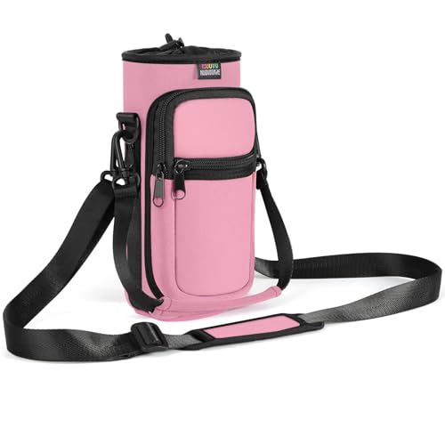 Nuovoware Water Bottle Carrier Bag, 25oz/32oz, Pink | Adjustable Shoulder Hand Strap, 2 Pocket, Neoprene Sleeve, For Hiking Travelling Camping - color: Pink, size: 25-32 Ounces - Standard