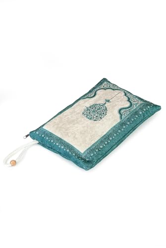 ihvan online Muslim Prayer Rug with Portable Elegant Fabric Bag, Janamaz, Sajadah, Soft Islamic Prayers Rug, Islamic Gifts for Eid Ramadan, Travel Prayer Carpet Mat, Green - color: Green