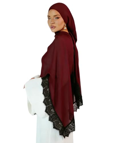 JUMISEE Elegant Floral Lace Hijab Scarf for Women Soft Cotton Head Wrap Instant Hijab Long Scarves Evening Dress Shawl - color: Burgundy With Black Lace Trim