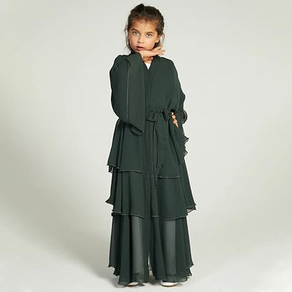 IDOPIP Muslim Girls Abayas Dress for Kids Long Sleeve Chiffon Islamic Kaftan Robe Open Front Cardigan Prayer Dress with Hijab - color: Green, size: 9-10 Years