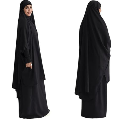 Muslim Women Abaya Two Pieces Set Prayer Dress Elasticated Sleeves Islamic Robe Modest Full Cover Prayer Clothes - color: Black