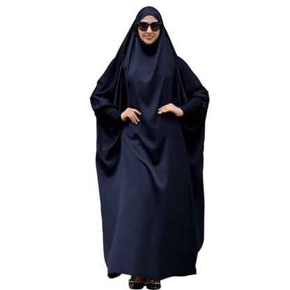 IDOPIP Muslim Abaya for Women One Piece Long Sleeve Islamic Prayer Dress with Hooded Hijab Maxi Kaftan Robe Modest Clothes - color: Navy Blue