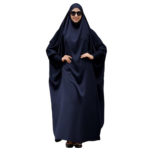 IDOPIP Muslim Abaya for Women One Piece Long Sleeve Islamic Prayer Dress with Hooded Hijab Maxi Kaftan Robe Modest Clothes - color: Navy Blue