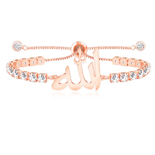 Allah Bracelet for Men and Women, Zircon Tennis Chain Adjustable Low Sensitivity Islamic True God Jewelry for Husband Wife Mom Dad's Religious Belief Gift - color: rose gold