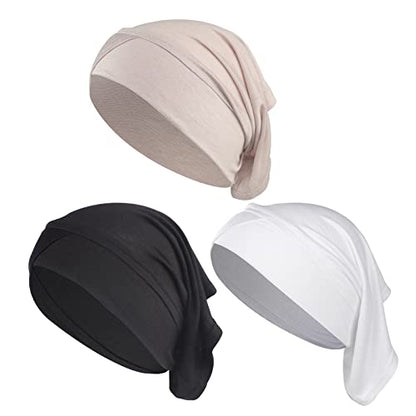 PURFUN 3 Pcs Muslim Inner Hijab Caps Women Solid Color Under Hijab Caps Stretchy Breathable Full Cover Undercap Tube Bonnet - color: White+black+beige