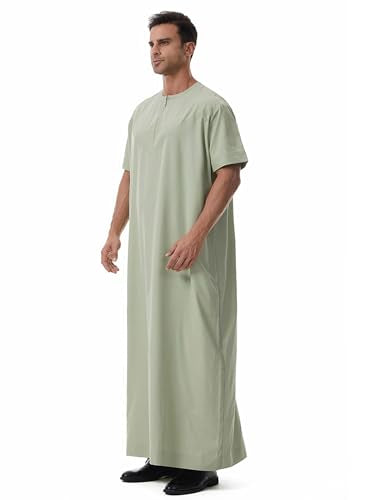 Muslim Men Abaya Short Sleeve Kaftan Islamic Arab Robe Men Dishdasha Zipper Robe Ethnic Clothes Dubai Travel Thobe - color: Green, size: Large