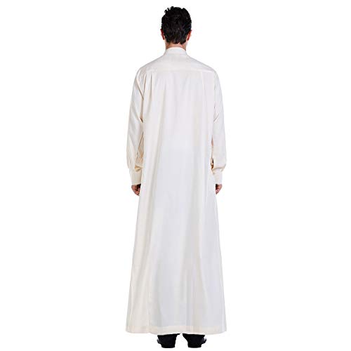 Men Arabic Long Sleeve Pure Color Thobe Crew Stand Collar Kaftan Robe with Button - color: Beige, size: Small