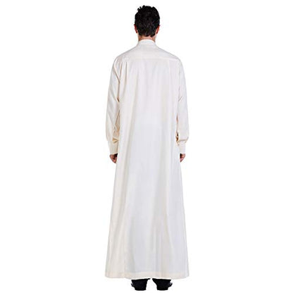 Men Arabic Long Sleeve Pure Color Thobe Crew Stand Collar Kaftan Robe with Button - color: Beige, size: X-Large