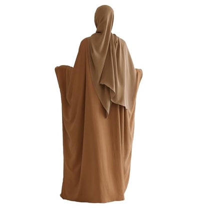 Abaya Muslim Women Dress Batwing Sleeve Loose Maxi Modest Islamic Clothes Prayer Dress with Hijab Scarf - color: Khaki