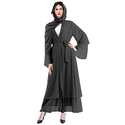 IWEMEK Women Chiffon Muslim Dress Middle East Arabian Robe Islamic Open Front Abaya Long Sleeve Flowy Maxi Cardigan Dress - color: Black, size: XX-Large
