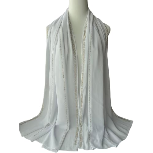 Premium Chiffon Hijab Rhinestone Long Scarf Shawl Wrap for Women Head scarf for Muslim Wedding Party Gift Packed - color: 002wavy White
