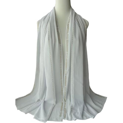 Premium Chiffon Hijab Rhinestone Long Scarf Shawl Wrap for Women Head scarf for Muslim Wedding Party Gift Packed - color: 002wavy White