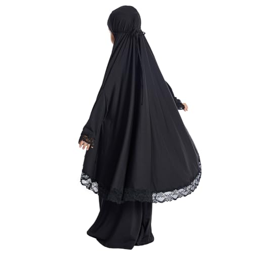 Kids Girls Abaya Muslim Full Cover Lace Hijab Dress Kaftan Dubai Islamic Prayer Dress, 2pcs Set - color: Black, size: 4-5T