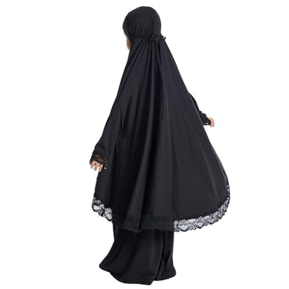 Kids Girls Abaya Muslim Full Cover Lace Hijab Dress Kaftan Dubai Islamic Prayer Dress, 2pcs Set - color: Black, size: 9-10 Years
