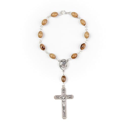 Car Rosary from The Holy Land of Bethlehem - 7” Sacred Heart of Jesus Rosary with Crucifix & Sacred Heart Medal, Olive Wood Catholic Pocket Rosary with Wooden Rosary Beads & Lobster Clasp - color: Sacred Heart of Jesus - Metal