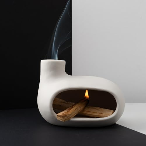MOUGIGI Modern Palo Santo Holder Ceramic Burner for Meditation and Energy Cleansing - Handcrafted Smudge Bowl for Wood Sticks, Sage, and Incense Cones - color: Matte Clay -White
