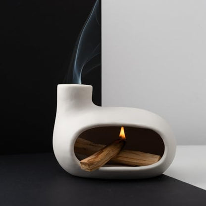 MOUGIGI Modern Palo Santo Holder Ceramic Burner for Meditation and Energy Cleansing - Handcrafted Smudge Bowl for Wood Sticks, Sage, and Incense Cones - color: Matte Clay -White