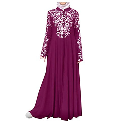 Islamic Fashion Dresses Middle Eastern Ethnic Kaftan Button Print Muslim Long Dress Dubai Turkey Arab Jilbab Dress - color: Hot Pink, size: Small