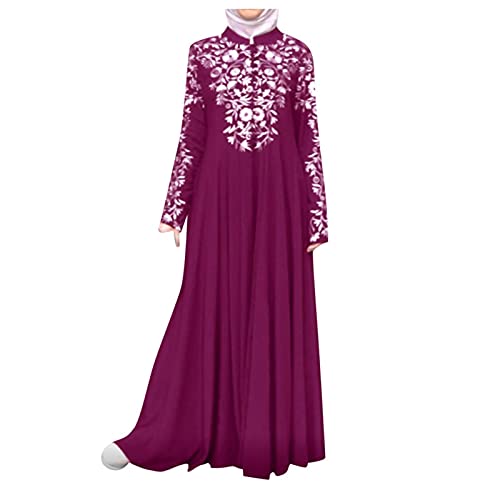 Islamic Fashion Dresses Middle Eastern Ethnic Kaftan Button Print Muslim Long Dress Dubai Turkey Arab Jilbab Dress - color: Hot Pink, size: Small