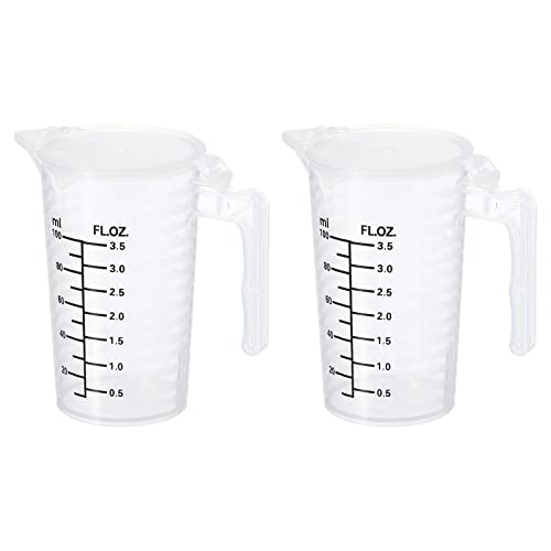 PATIKIL Graduated Beaker, 2 Pack 100ml PP Plastic Liquid Measuring Cup Double Sided Black Graduations with Handle Lid and Spout for Lab Kitchen Home - size: 100ml