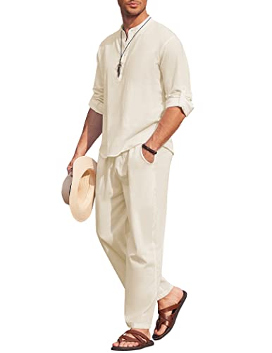COOFANDY Men's 2 Pieces Cotton Linen Set Long Sleeve Henley Shirts Casual Beach Pants With Pockets Summer Yoga Outfits - color: Beige, size: Small