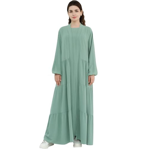 Women Muslim Abaya Dress 2PCS Soft Flowing Cardigan Dress Set Islamic Dubai Modest Kaftan Prayer Robe - color: Light Green, size: Medium