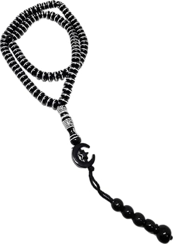 Islam Tasbih 99 비즈 AMN-464 무슬림 기도 디크르 미바하 다채로운 묵주 달 별 장식 태슬 이드 라마단 선물 - color: 블랙.