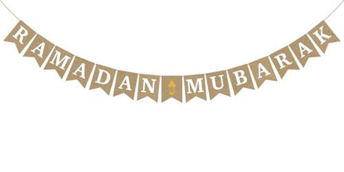 Burlap Ramadan Mubarak Banner - Rustic Ramadan Decorations, Eid Mubarak Party Decor, Muslim Fireplace Mantel Decoration Supplies