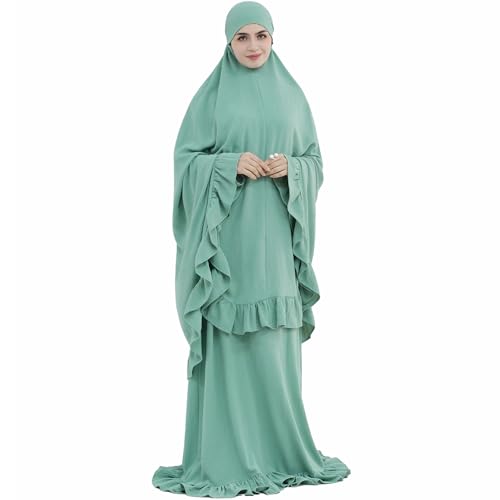 2PCS Women Muslim Prayer Abaya Dress Ruffle Trim Side Pockets with Khimar - color: Light Green, size: Medium