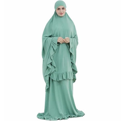 2PCS Women Muslim Prayer Abaya Dress Ruffle Trim Side Pockets with Khimar - color: Light Green, size: Large