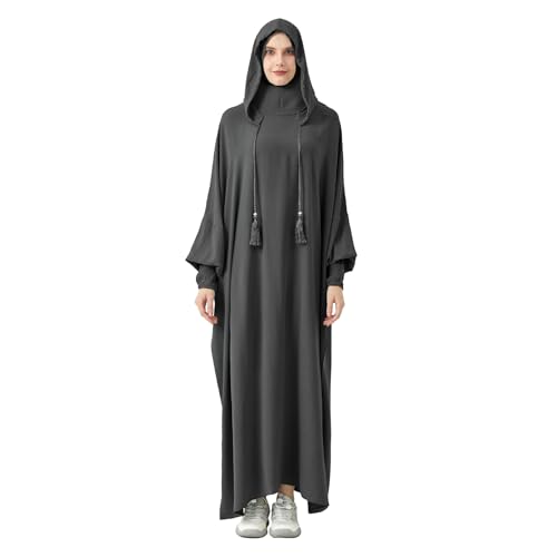 Abaya Muslim Dress Women Prayer Dress Long Sleeve Hooded Loose Maxi Dress Arabian Dubai Islamic Clothes - color: Dark Gray