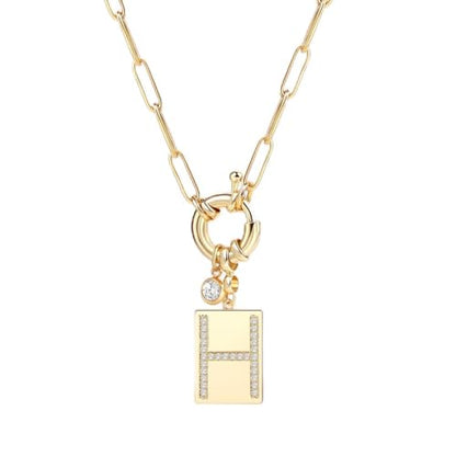 Mint & Lily Gold Initial Necklace for Women – 18K Gold Plated 24” Paperclip Chain with Sparkling Letter Pendant - style: Letter: H