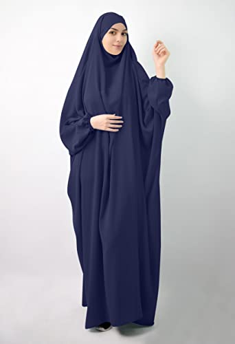 Qianliniuinc Women Muslim Full Cover Long Dress - Loose Hooded Dress Abaya Prayer Robe Islamic Clothes One-Size - color: Navy Blue