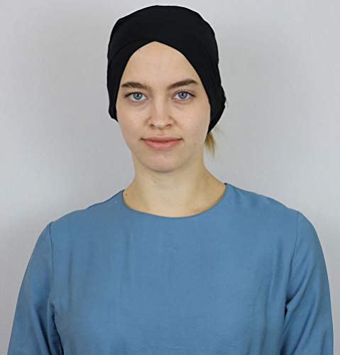 Modefa Islamic Turkish Women's Plain Solid Jersey Criss Cross Tube Hijab Bonnet Muslim Scarf Cap Bone Underscarf - color: Black
