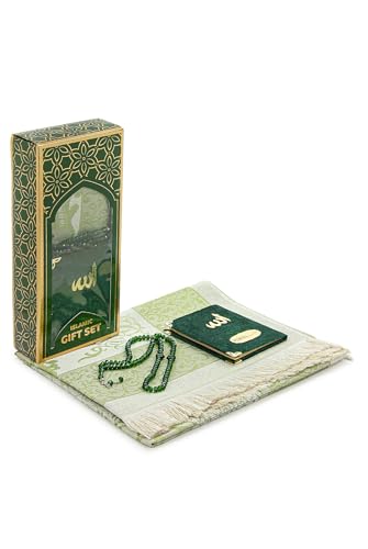 ihvan online Taffeta Fabric Muslim Prayer Rug, Velvet Covered Yaseen Surah Pocket Size Book, Prayer Beads Set with Kraft Boxed, Dowry Box for Men & Women, Islamic Ramadan Eid & Wedding Gifts, Green - color: Green