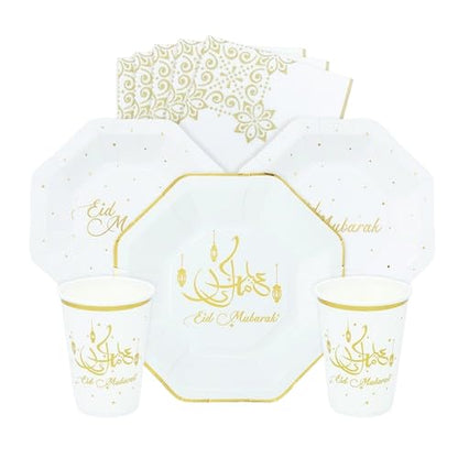 Eid Mubarak Party Disposable Tableware Set for Festive Celebrations, Parties, Muslim New Year - 8 Plates, 8 Cups, 20 Napkins, 1 Banner, 8 Desserts Plates (White)