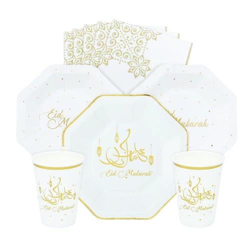 Eid Mubarak Party Disposable Tableware Set for Festive Celebrations, Parties, Muslim New Year - 8 Plates, 8 Cups, 20 Napkins, 1 Banner, 8 Desserts Plates (White)