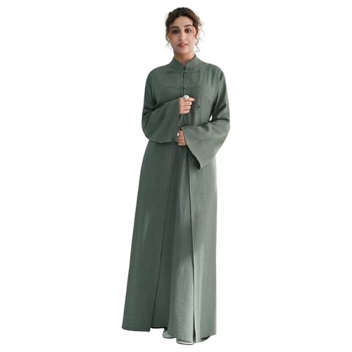 2PCS Women Muslim Abaya Dress Stand Collar Full Coverage Cardigan Dress Set - color: Green, size: X-Large