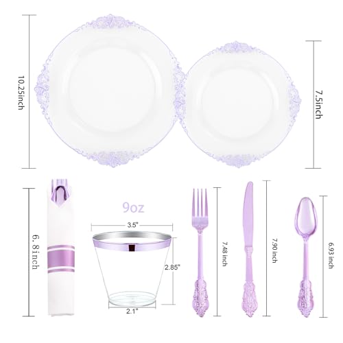 Hioasis 175pcs Clear and Purple Plates - Party Plates for 25 Guest, Include 50 Heavy-duty Plates(20% Thicker Than Standard), 25 Pre Rolled Plastic Silverware Set, 25 Cups for Graduation - color: Clear and Purple