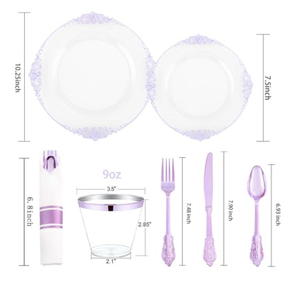 Hioasis 175pcs Clear and Purple Plates - Party Plates for 25 Guest, Include 50 Heavy-duty Plates(20% Thicker Than Standard), 25 Pre Rolled Plastic Silverware Set, 25 Cups for Graduation - color: Clear and Purple
