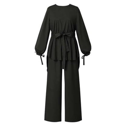 Muslim Outfits for Women Drawstring Waist Lantern Muslim Sleeve Top with Wide Leg Trousers Two Piece Set - size: 3X-Large