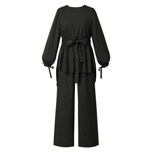 Muslim Outfits for Women Drawstring Waist Lantern Muslim Sleeve Top with Wide Leg Trousers Two Piece Set - size: X-Large
