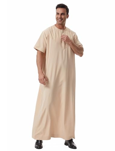 Muslim Men Abaya Short Sleeve Kaftan Islamic Arab Robe Men Dishdasha Zipper Robe Ethnic Clothes Dubai Travel Thobe - color: Beige, size: X-Large