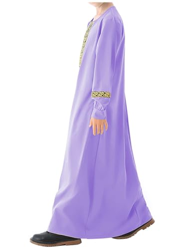 WSPLYSPJY Long Sleeve Abaya for Girls Muslim Islamic Dresses Kids Printed Maxi Prayer Clothes Robe - color: Light Purple, size: 9-10 Years