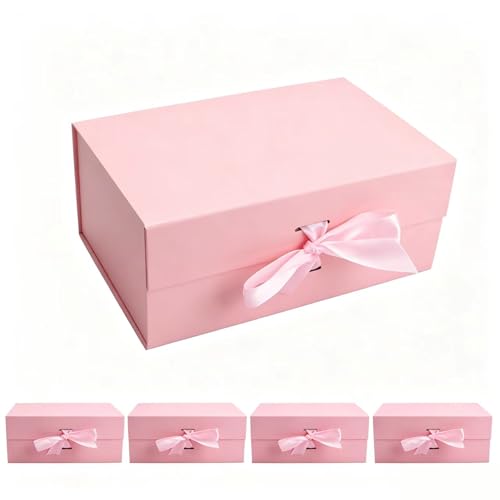 kaxilu Pink Gift Boxes with Ribbon Foldable Gift Boxes Set of 5 Magnetic Gift Boxes for Presentations and Groomsmen Proposal, Glossy Finish,Large-L11.5*W8.6*H4.2inch - color: Pink, size: Large-L11.5*W8.6*H4.2inch