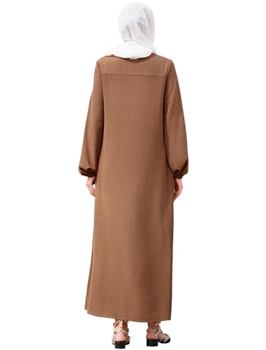 Muslim Dresses for Women One-Piece Long Sleeve Stand Collar Zip Up Islamic Prayer Dress Abaya Kaftan Dubai Dress - color: Brown, size: 4X-Large