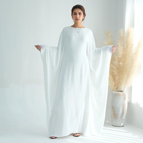 Abaya Dress for Women Soft Crepe Like Linen Khimar Butterfly Batwing Dubai Islam Muslim Kaftan Modest Prayer Dress - color: White, size: Large