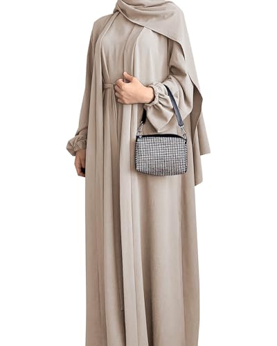 Women's Muslim Dress Two Pieces Set Islamic Prayer Abaya Modest Solid Color Muslim Outfits - color: Khaki Abaya, size: Small