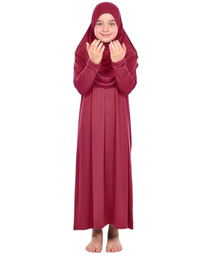 Prien Kids Prayer Dress Muslim Clothes for Girls Long Sleeve Abaya with Hijab Two Piece Maxi Islamic Set Scarf Kaftan Jilbab - color: Red