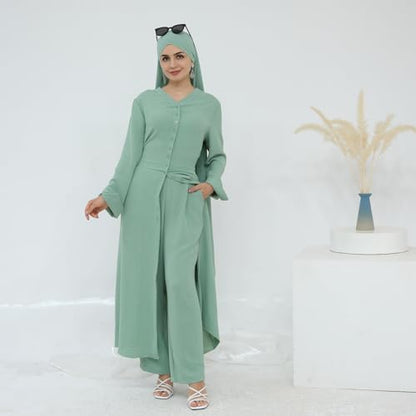 IDOPIP Muslim Women 2-Piece Set Long Sleeve Ramadan Islamic Abaya Dress Shirt with Pants Loose Fit Casual Dubai Prayer Outfit - color: Green, size: X-Small-Small
